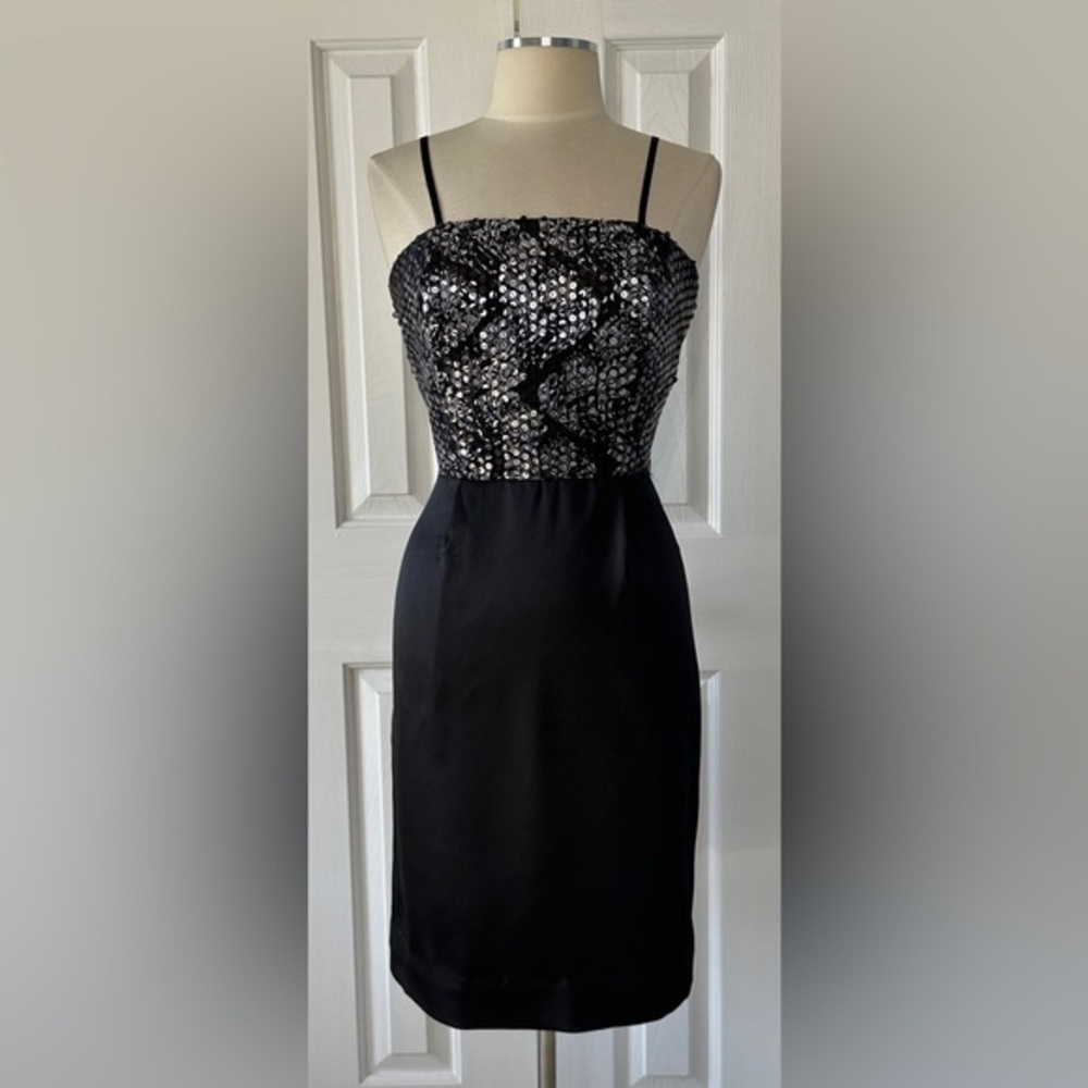 Black Sequin Bodice Satin Pencil Dress | Approx. Size 6